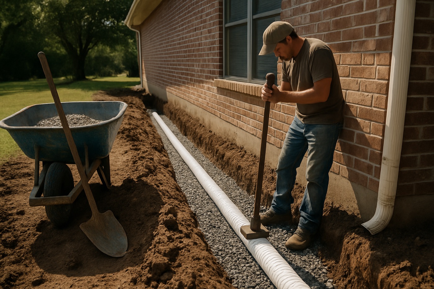 French drain installation protecting the foundation of a Taylor, Texas home