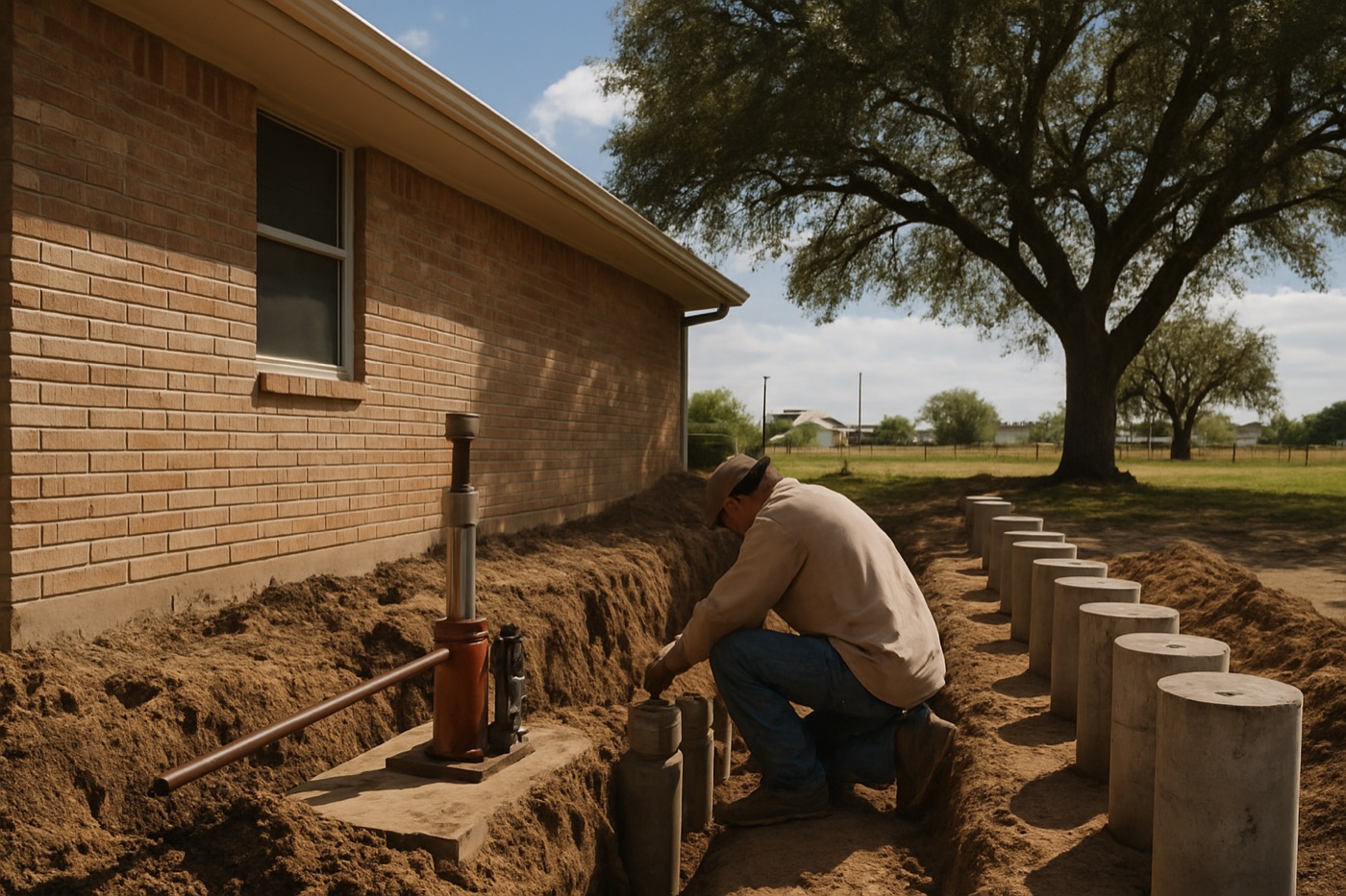 Foundation repair crew installing piers at a Taylor, Texas home