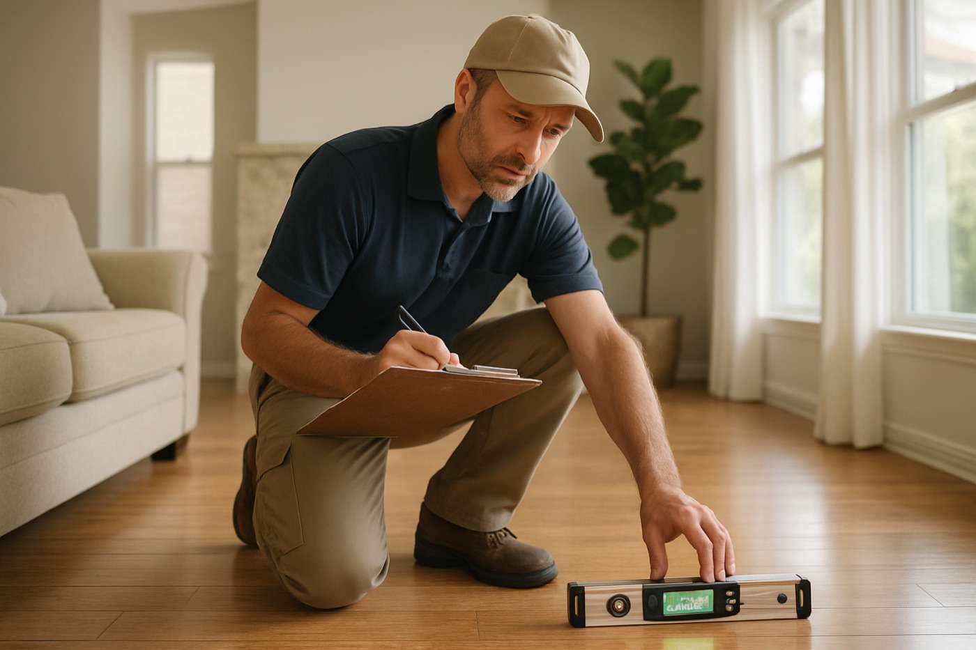 Inspector taking elevation measurements at a Taylor, Texas home