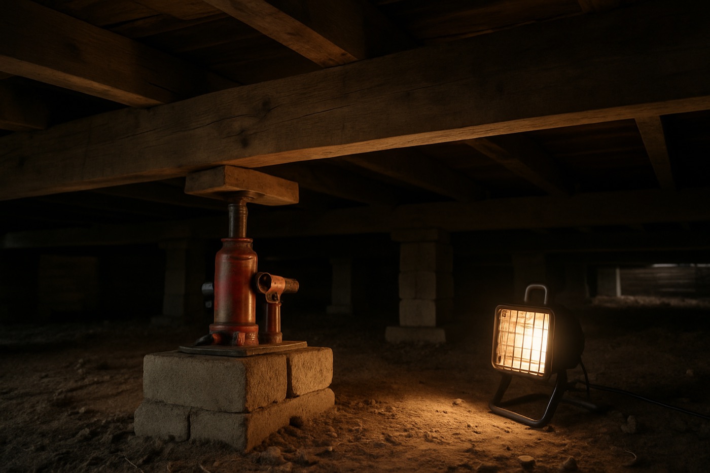 Crawl space view of pier and beam foundation repair in a historic Taylor, Texas home