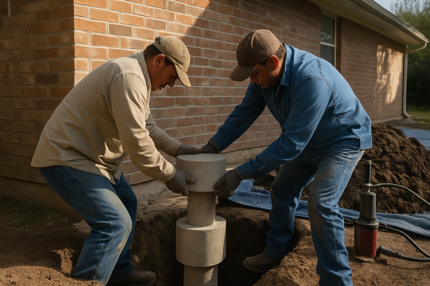 Foundation crew installing steel piers beside a brick home on blackland soil near Taylor, Texas