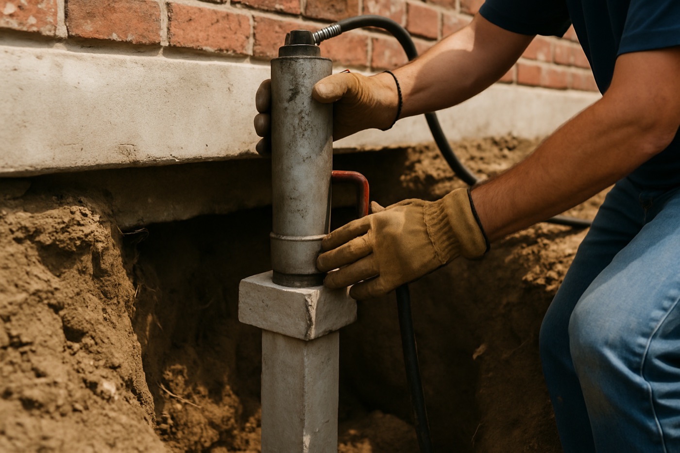 Pressed concrete pier being installed beneath a slab foundation in Taylor, Texas